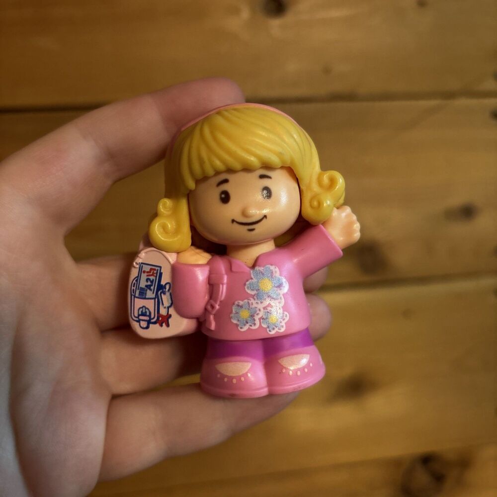 Fisher Price Little People airplane passenger girl pink flowers backpack blonde